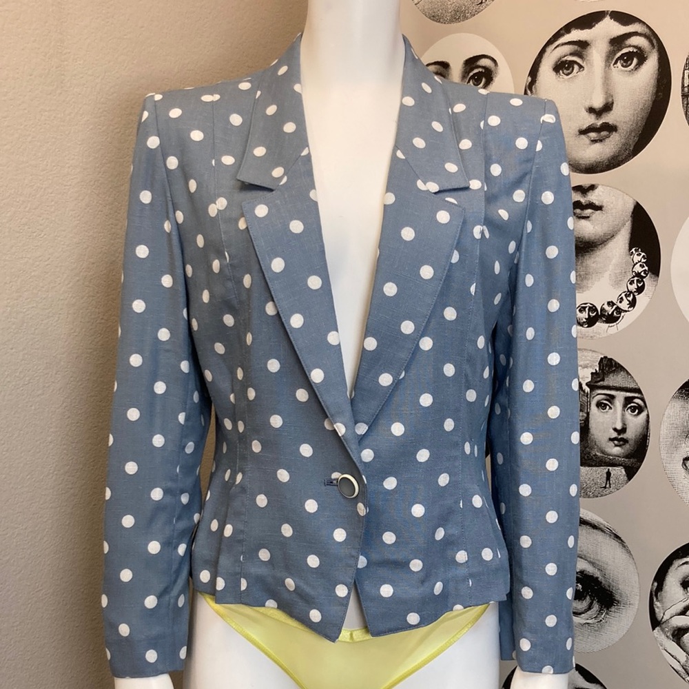 Lapine Blanche Vintage White Polkadot Blue Blazer, US Sz 8 or Japanese Sz 11